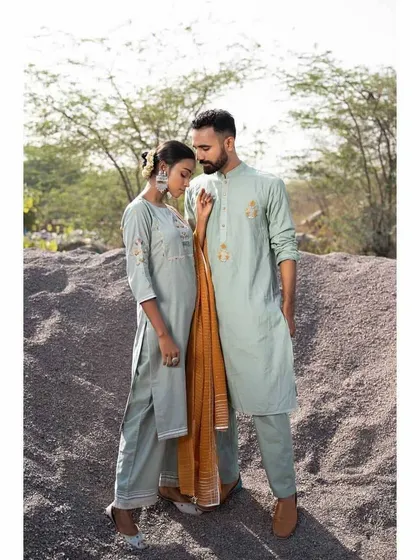 This image from a commercial catalogue shoot highlights my skill in creating complementary looks for both male and female models. The makeup is clean, fresh, and natural, ensuring the focus remains on the ethnic wear while making the models look their best.