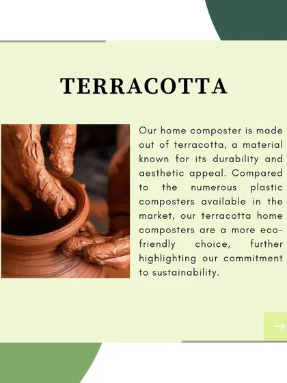 We chose terracotta for its durability, porosity, and natural aesthetic. Unlike plastic bins, our eco-friendly terracotta composter allows for better air circulation, which is crucial for a healthy and efficient aerobic composting process.