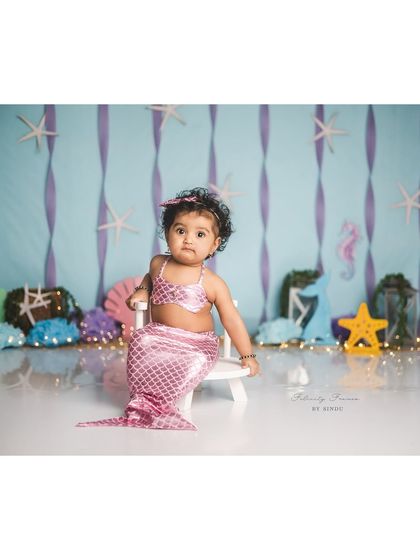 A full view of the magical mermaid setup, complete with starfish, seahorses, and colorful coral.