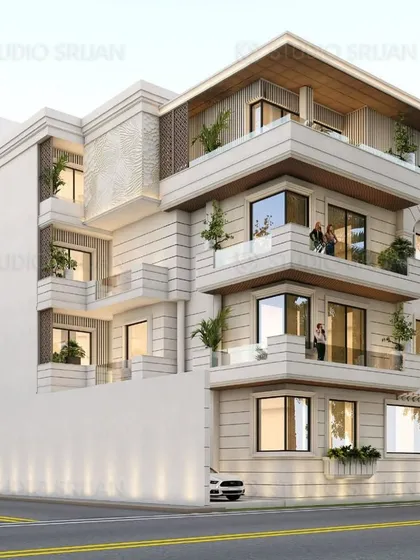 Another perspective of the Kirti Nagar corner property. This view shows how we use different textures and subtle details, like the patterned tile section, to add visual interest to the stone facade.