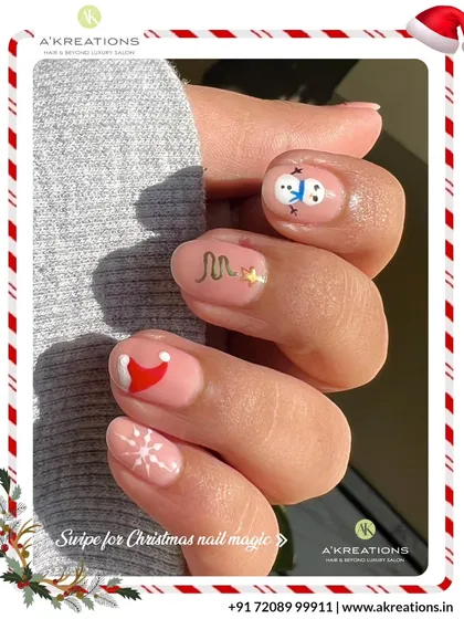 Whimsical and minimal Christmas nail art on a natural base, featuring a tiny snowman, Santa hat, snowflake, and a simple tree outline.