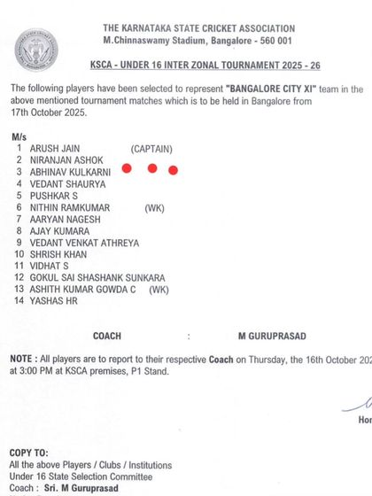 The official document from the Karnataka State Cricket Association confirming Abhinav Kulkarni's selection for the U-16 Inter-Zonal tournament. Proof that our training prepares players for the next level.