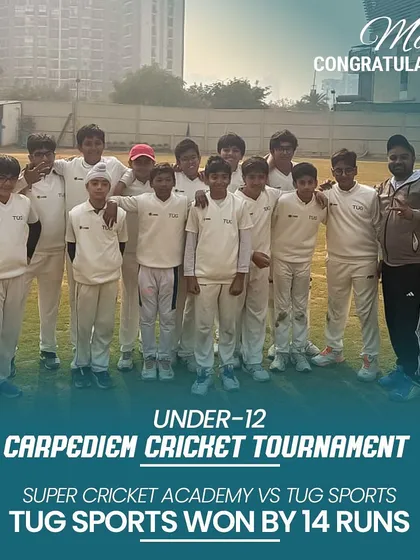 A proud moment for our Under-12 TUG Sports team, celebrating a hard-fought 14-run victory in the Carpediem Cricket Tournament. We focus on building winning habits and team spirit from a young age.