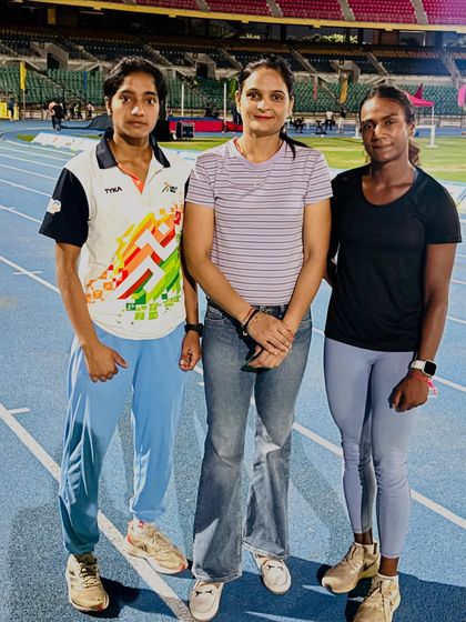 Posing with fellow competitors at the National Inter-State Senior Athletics Championships. This is where India's best athletes come to compete, and we are right there with them.
