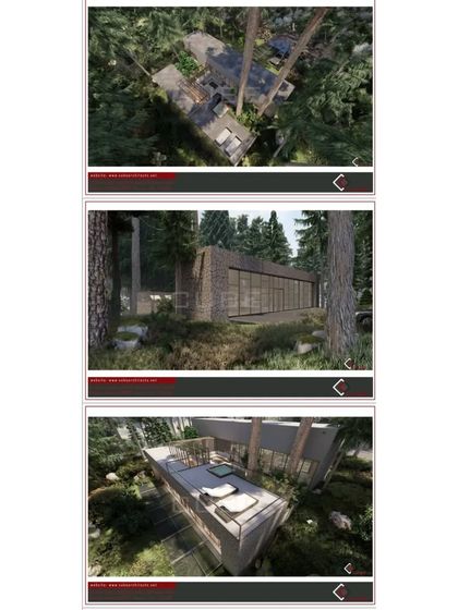 Aerial and ground level concept views of a villa integrated into a forest. The design uses an ecologically responsible approach for every element, from columns and walls to the roof, with a focus on 'reduce, reuse, and recycle'.