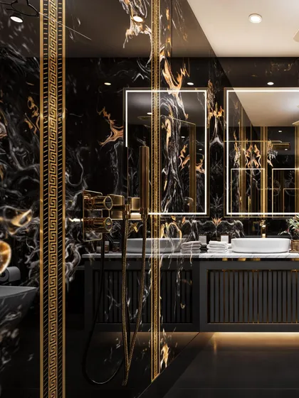 A full view of the vanity area, with twin sinks and backlit mirrors creating a symmetrical and luxurious composition.