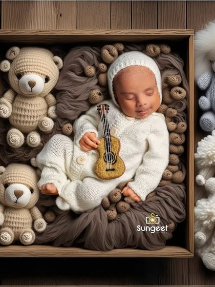 A cozy, boxed-in setup with a musical theme. We used a wooden box, soft textures, and adorable teddy bears to create this warm and imaginative portrait for a sleeping newborn.