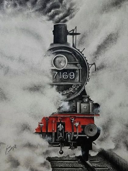 A detailed charcoal drawing of a steam engine, an example of the incredible art created in our workshops. We offer sessions that teach techniques for creating texture and depth.