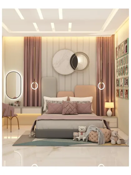 For this child's bedroom, we created a dreamy and playful atmosphere using a soft pastel color scheme and layered textures. The design includes a custom upholstered headboard, coordinated furnishings, and thoughtful details like circular wall mirrors and hanging pendant lights to foster creativity and comfort.