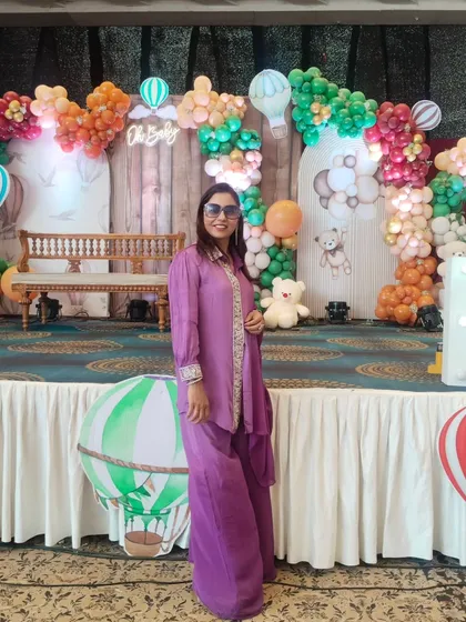 My look for a beautiful baby shower with a hot-air balloon theme. The decor was whimsical and sweet, and I made sure my energy matched the joyful vibe.