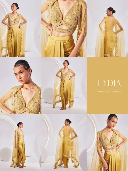 A collage showcasing the beautiful details and silhouette of our Lydia Cape Set, as famously worn by Kiara Advani.