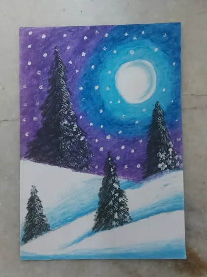A serene winter landscape created with oil pastels. This piece beautifully captures a snowy night scene, showing how different mediums can create different moods.