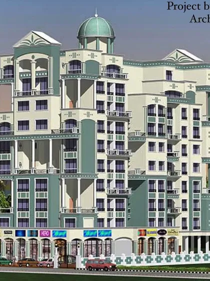 The architectural design for "Sierra Galaxy" in Kamothe, a residential building with 63 apartments and 6 shops. The facade is notable for its classical influences, including arched windows, columns, and a domed feature on the roofline.