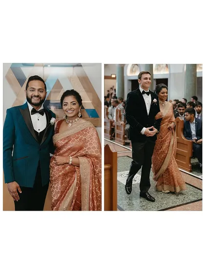 A closer look at the siblings' style. The groom's sister is radiant in a rusty rose gold saree, walking down the aisle with her husband. This diptych showcases how we style extended family members to fit seamlessly into the overall wedding aesthetic.