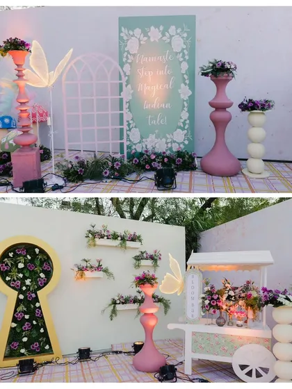 A collage of unique photo ops, including a keyhole filled with flowers and a whimsical flower cart, ensuring guests have plenty of spots for social media-worthy pictures.