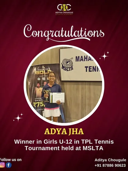 Congratulations to Adya Jha, winner in the Girls U-12 TPL Tennis Tournament held at MSLTA. Her victory is a proud moment for our academy.