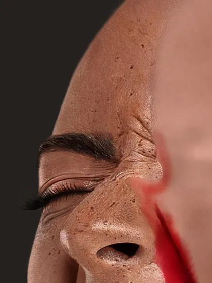 A detailed view of the eye and nose from my conceptual artwork. You can see the realistic skin texture, pores, and wrinkles I painted to create a sense of raw, unfiltered emotion.
