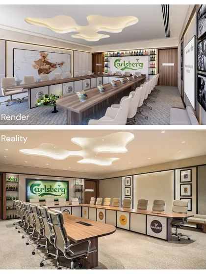 A render and reality view of the Carlsberg boardroom. This comparison showcases the precise execution of the custom-designed ceiling, branded conference table, and integrated lighting scheme.