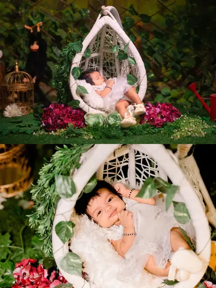 A before-and-after collage of a newborn in a hanging chair prop, showing both a sleeping and an awake moment.