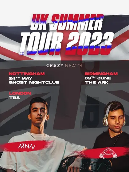 I take my sound international. This poster from my 2023 UK Summer Tour shows my reach, with gigs in key cities like Nottingham, Birmingham, and London.