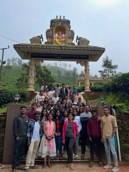 Our group posing in front of the Shree Varaha Daddimane Ganapathi Temple near the Kudremukha base, a spiritual start to our journey.