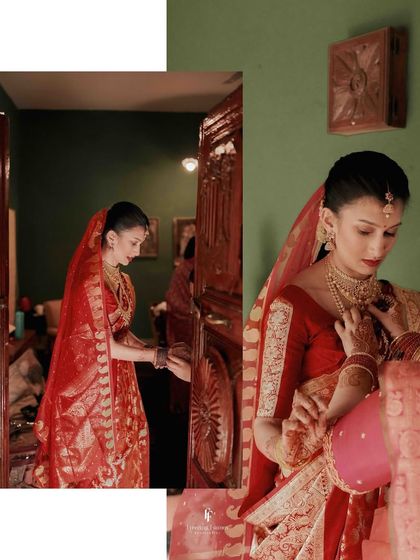 A collage capturing the bride's getting-ready moments, as she adjusts her red saree and jewelry.