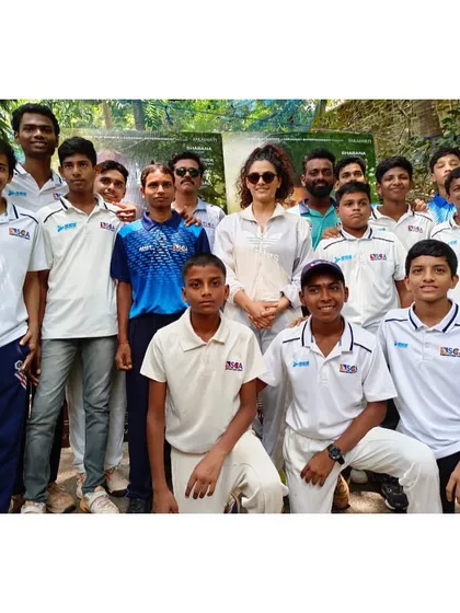 Our players and coaches with actress Saiyami Kher, who visited the academy to talk about her cricket-themed movie "Ghoomer."