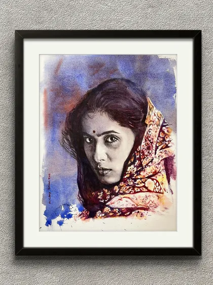 A framed monochrome portrait of actress Smita Patil, showing how impactful these value studies can be when presented as finished art.