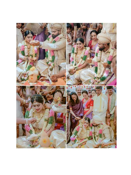 A collage of four moments from the wedding ceremony. Each frame shows the groom's custom outfit from different angles as he and his bride participate in the rituals.