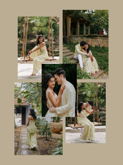 A collage of moments from a beautiful Haldi ceremony in Bangalore. The couple's light, coordinated outfits and the lush, natural setting of The Tamarind Tree create a fresh and joyful atmosphere.