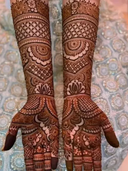 Another view of a full-coverage bridal design, showing the beautiful stain against the bride's ornate dress.