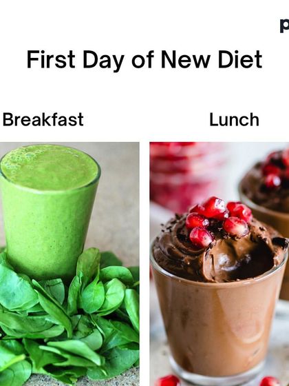 The first day of a new diet: a green smoothie for breakfast and a chocolate dessert for lunch. A funny reminder that balance is a marathon, not a sprint.