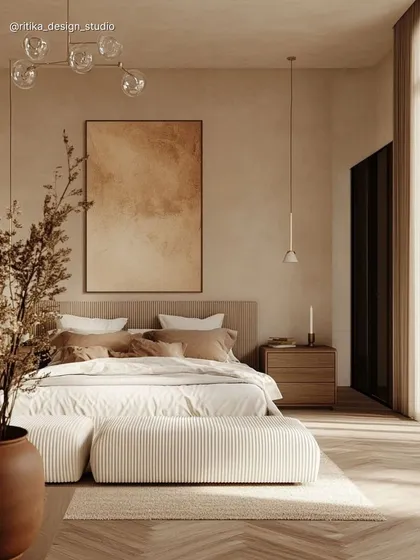This bedroom is defined by its warm, monochromatic palette and organic textures. I used natural wood flooring in a herringbone pattern, a simple wooden bed frame, and abstract art to create a space that feels both expansive and deeply calming, inspired by Japandi design principles.