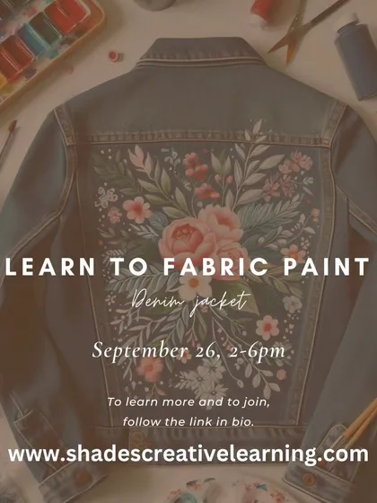A poster for our popular denim jacket fabric painting workshop, a fun and creative session for all skill levels.