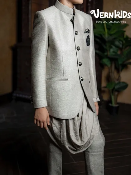 Another look at our grey Jodhpuri set, showcasing its elegant and modern appeal. It’s a versatile outfit that works for weddings, receptions, and other formal family gatherings.