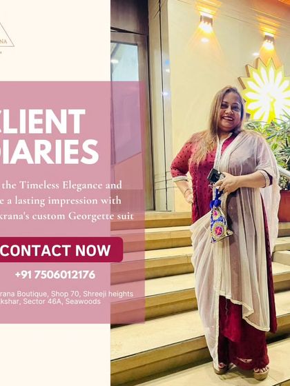 A client looking elegant in a custom georgette suit. The draped dupatta adds a unique flair to this classic ensemble.