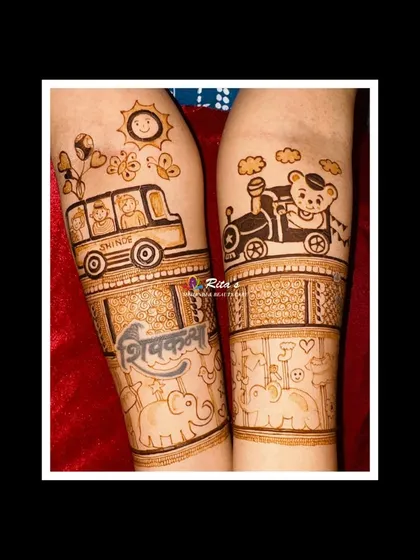 Another view of the arms, showing the playful cartoon scenes and the family name 'Shinde' on the bus.