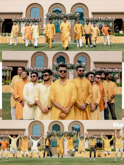 A collage celebrating the groom and his groomsmen, all dressed in shades of yellow for the Haldi ceremony. The images capture their camaraderie and fun, from posed shots to an energetic jumping photo.