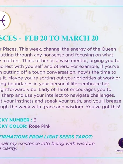 This week's tarot guidance for Pisces. Channel the energy of the Queen by cutting through any nonsense and focusing on what truly matters. Speak your truth.