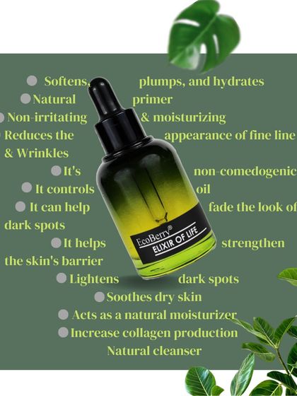 A detailed look at the benefits of my Elixir of Life serum. It softens, plumps, hydrates, reduces wrinkles, controls dark spots, and strengthens the skin's barrier.