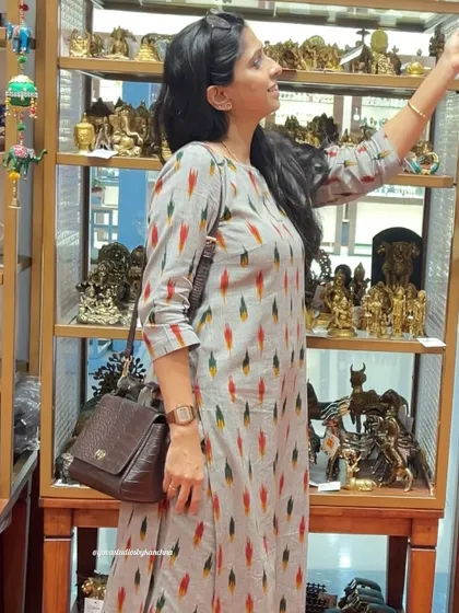 Another beautiful customer making a statement in my best-selling grey Ikat Kurta Pant set. Your confidence in my designs is my biggest motivation.