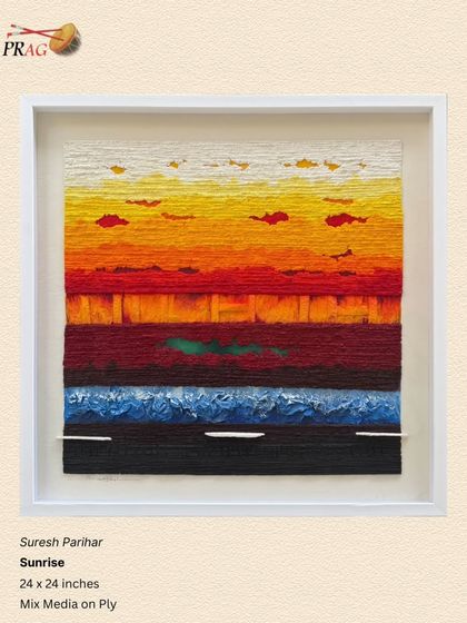 "Sunrise" by Suresh Parihar is a mixed-media work with physical threads. We used a white box frame to create depth and protect the delicate, three-dimensional elements of the artwork.