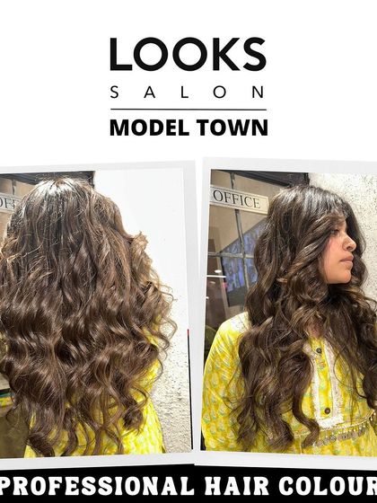 A collage showcasing a professional hair color service on curly hair. The highlights are carefully placed to enhance the natural curl pattern.