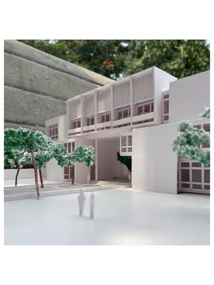 A street-level view of the Brilliant National School model. Working with physical models helps us refine the facade details and understand how the building will be experienced by the people who use it every day.