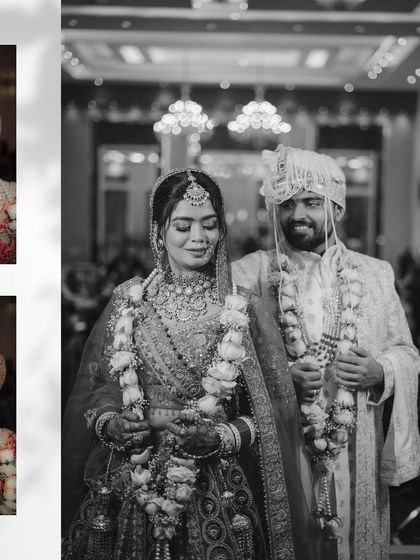 A black and white collage of the couple during their wedding ceremony, capturing a quiet, candid moment.