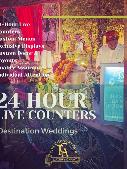 For destination weddings, we offer a unique 24-hour live counter service. This ensures your guests, especially the late-night snackers and early risers, are always treated to comforting favorites like Kulhad Chai or Maggi, no matter the hour.
