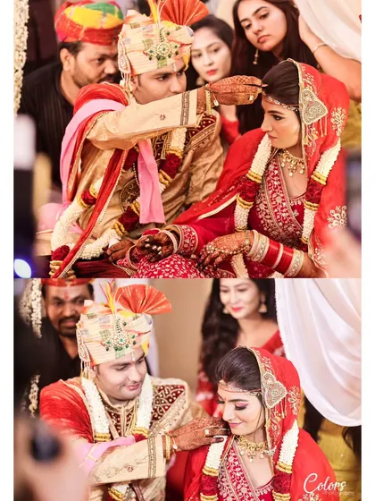 A collage of the sindoor daan ceremony, a pivotal and emotional moment in a Hindu wedding.