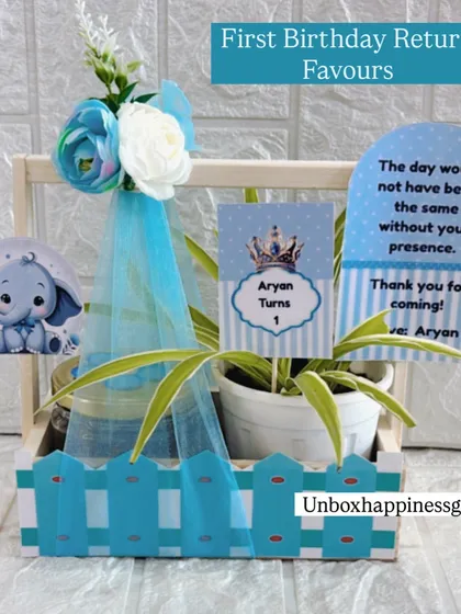 A full view of the blue elephant-themed first birthday favor, showing all the custom elements that make it a special thank you gift.