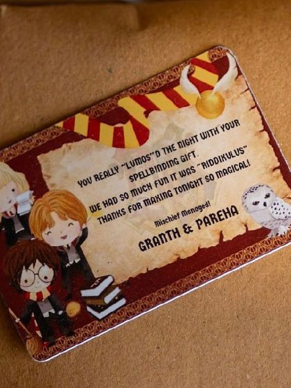 A close-up of the personalized thank you card from a Harry Potter themed party, with cute illustrations of the characters.