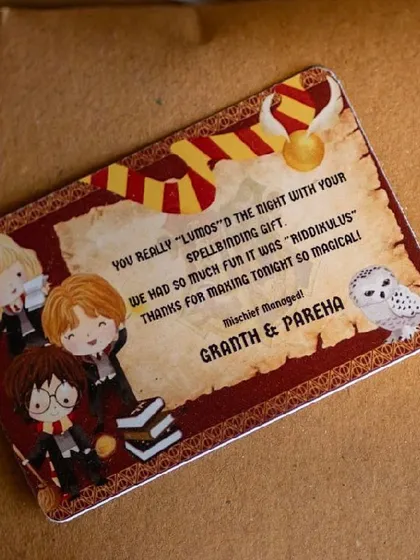 A custom thank you card for a Harry Potter themed party, with a fun, magical message for the guests.